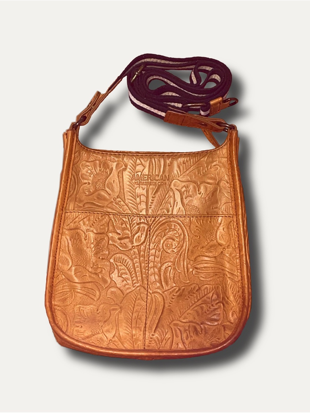 Tooled Leather Crossbody Bag in Tan with Purple Strap